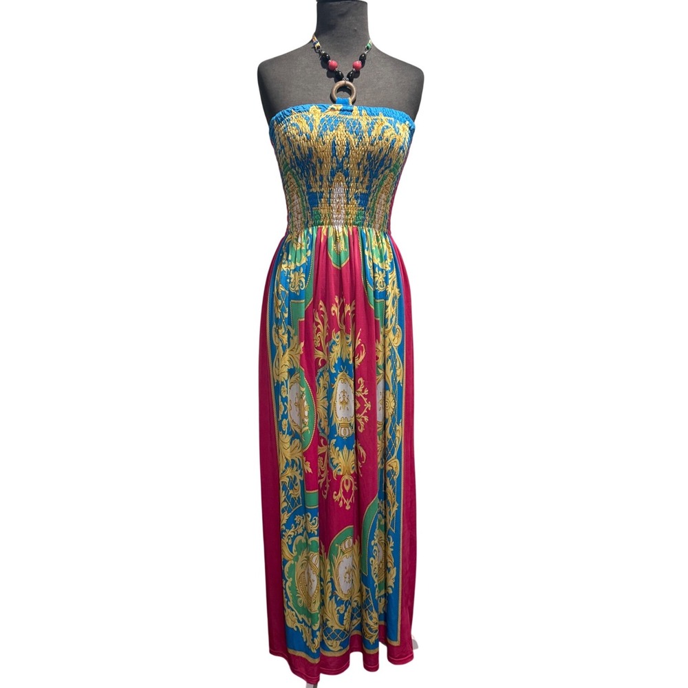 Magic Womens‎ Baroque Scarf Print Smocked Halter Maxi Dress Pink Blue Small